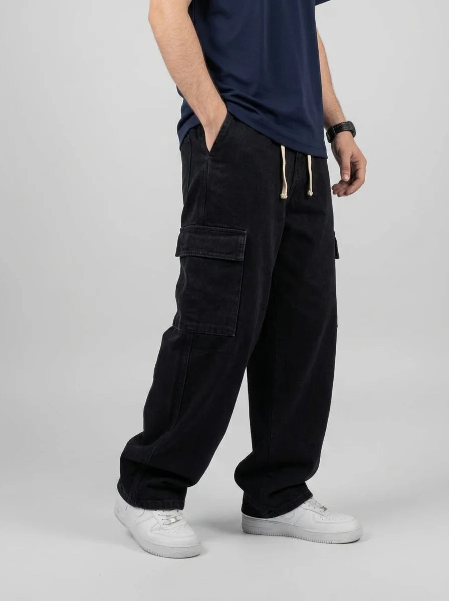 6 Pocket Dark Black Cargo Denim Jeans