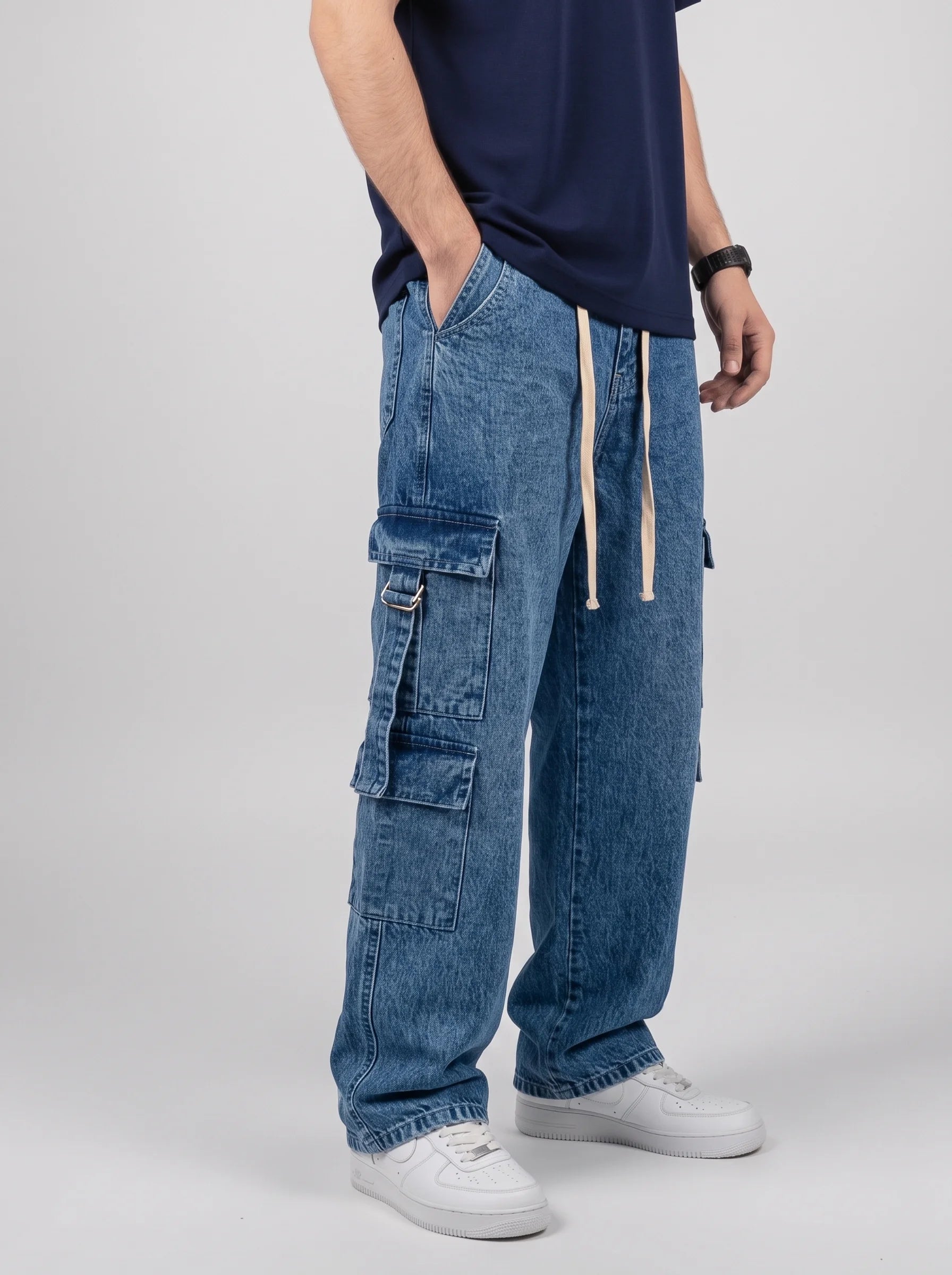 8 Pocket Light Acid Wash Denim Jeans With Buckle Belt Thigh Pockets