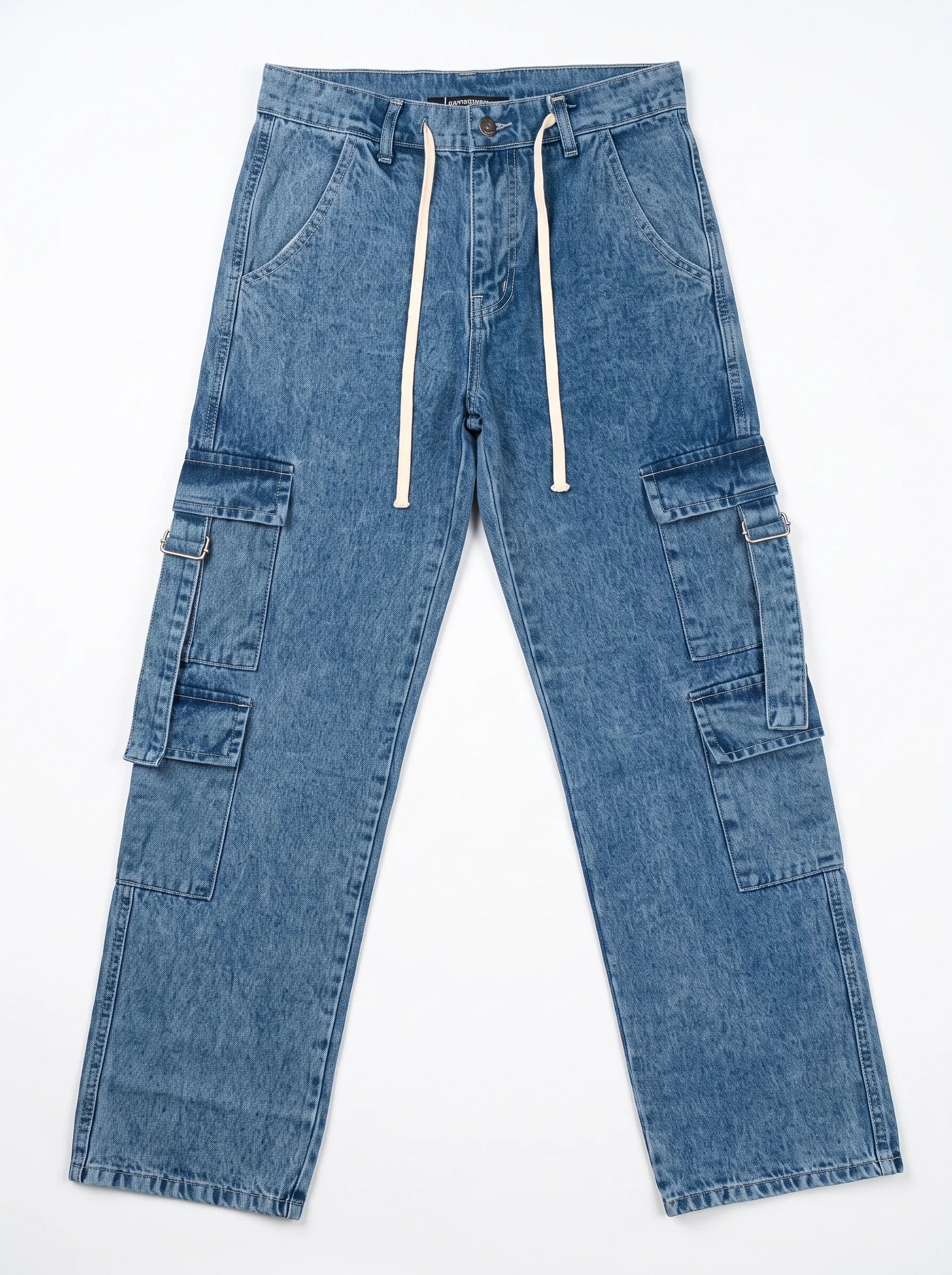 8 Pocket Light Acid Wash Denim Jeans With Buckle Belt Thigh Pockets