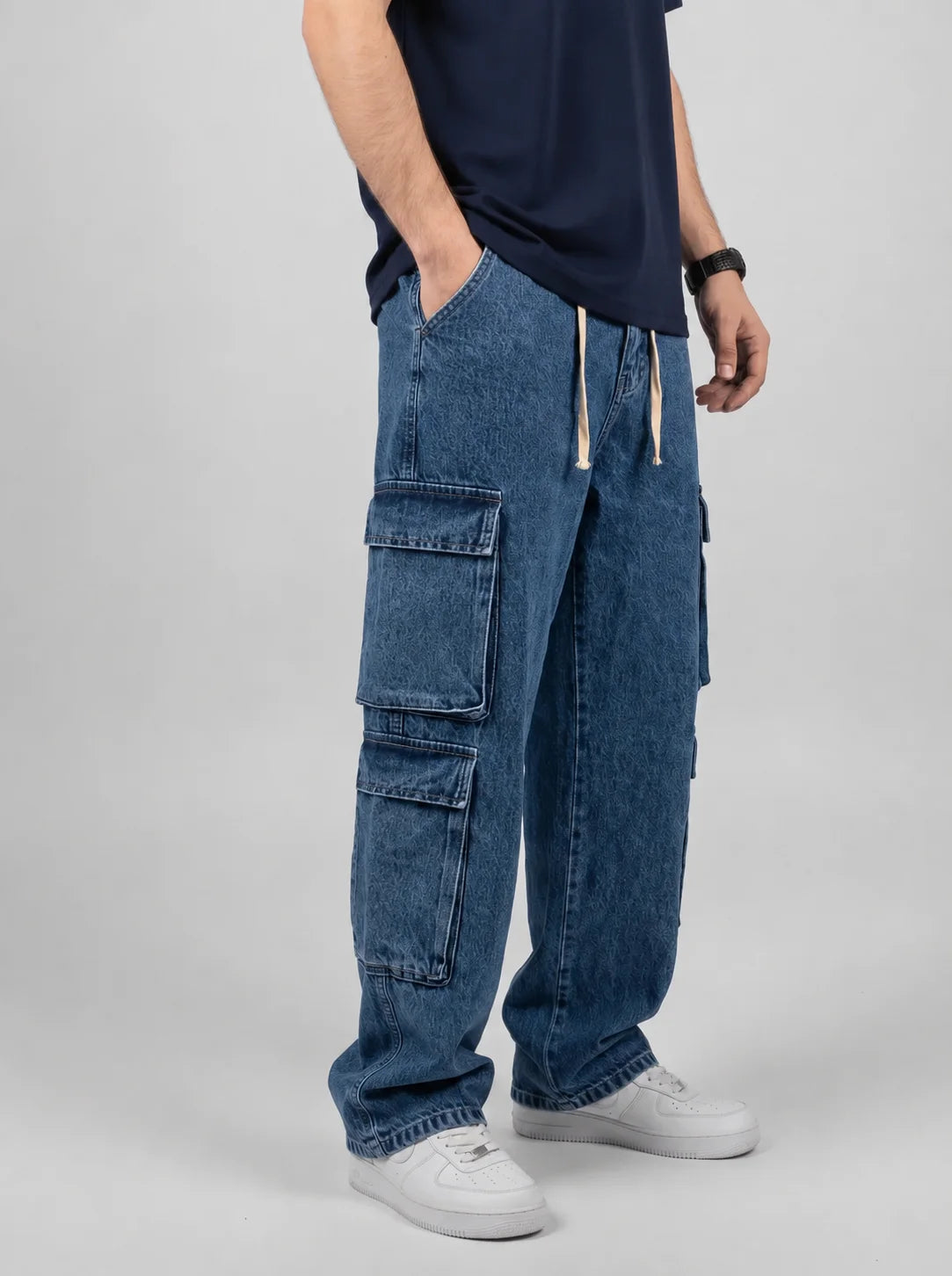8 Pocket Acid Wash Baggy Denim Cargo Jeans