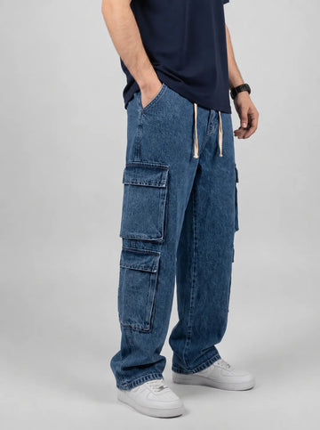 8 Pocket Acid Wash Baggy Denim Cargo Jeans