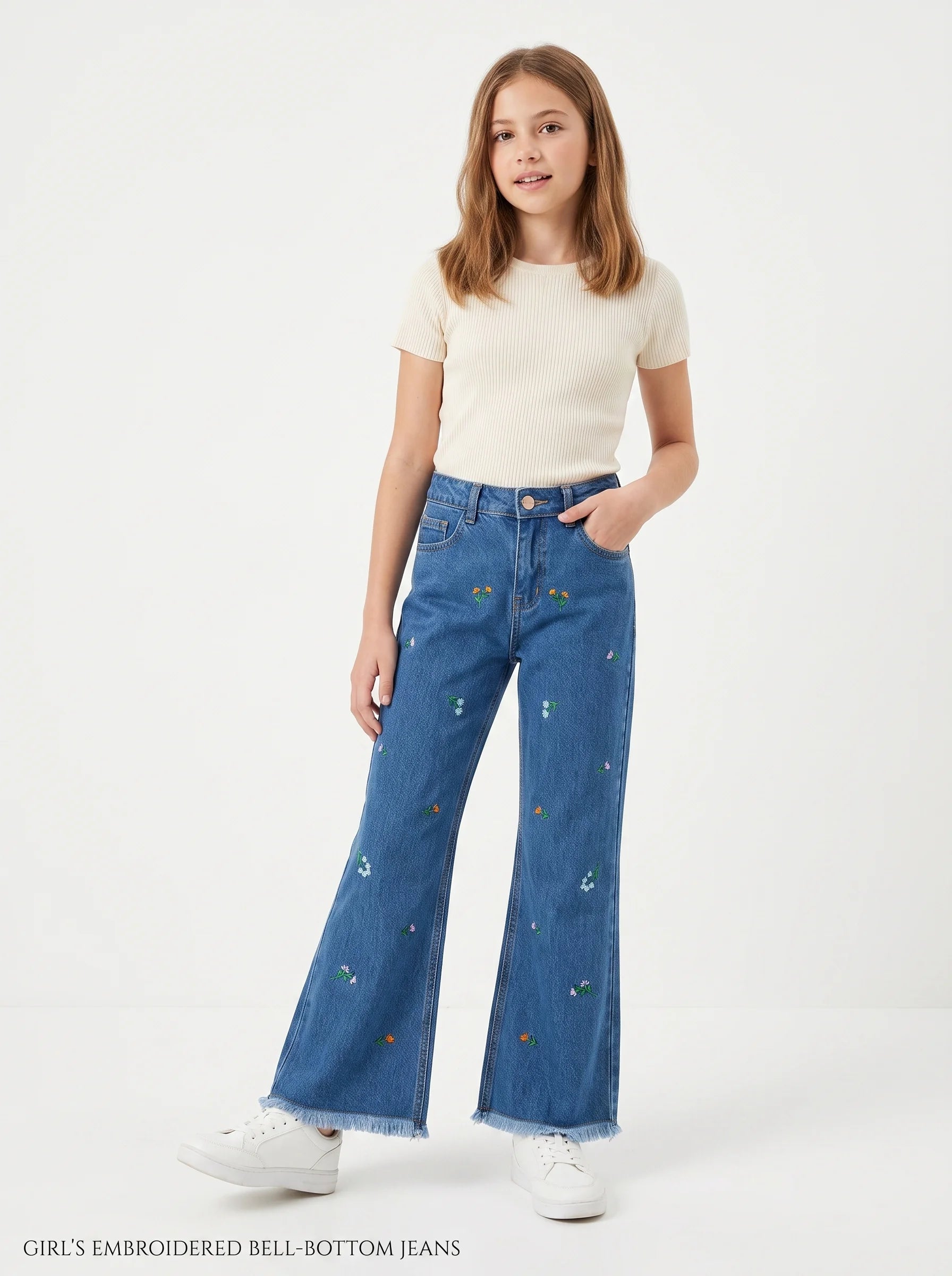 Girl's Floral Bloom Embroidered Flared Denim Jeans (Dark Blue)