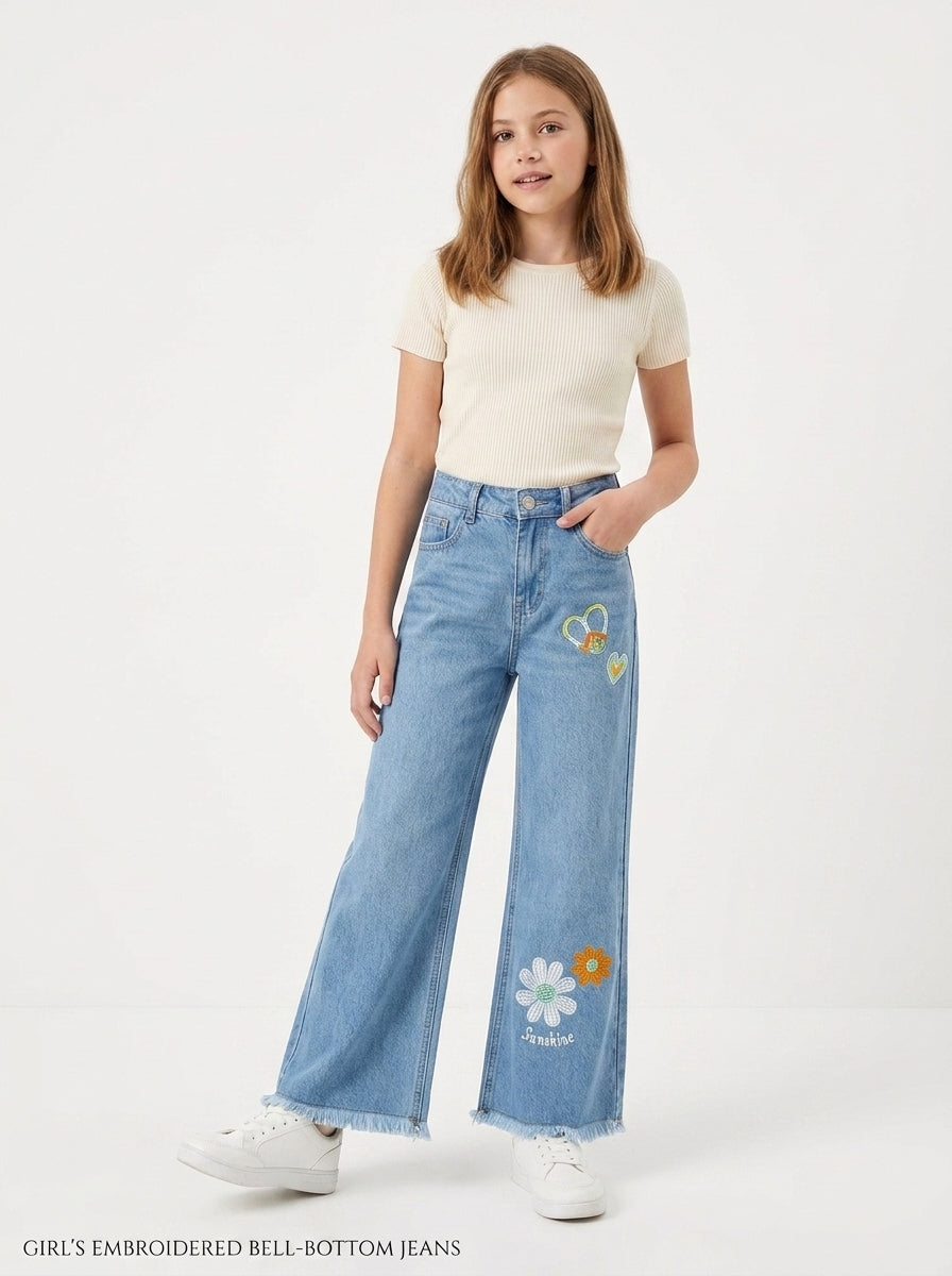 Girls Sunshine Embroidered Wide-Leg Denim Jeans(LIGHT BLUE)