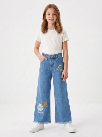Girls Sunshine Embroidered Wide-Leg Denim Jeans(LIGHT BLUE)