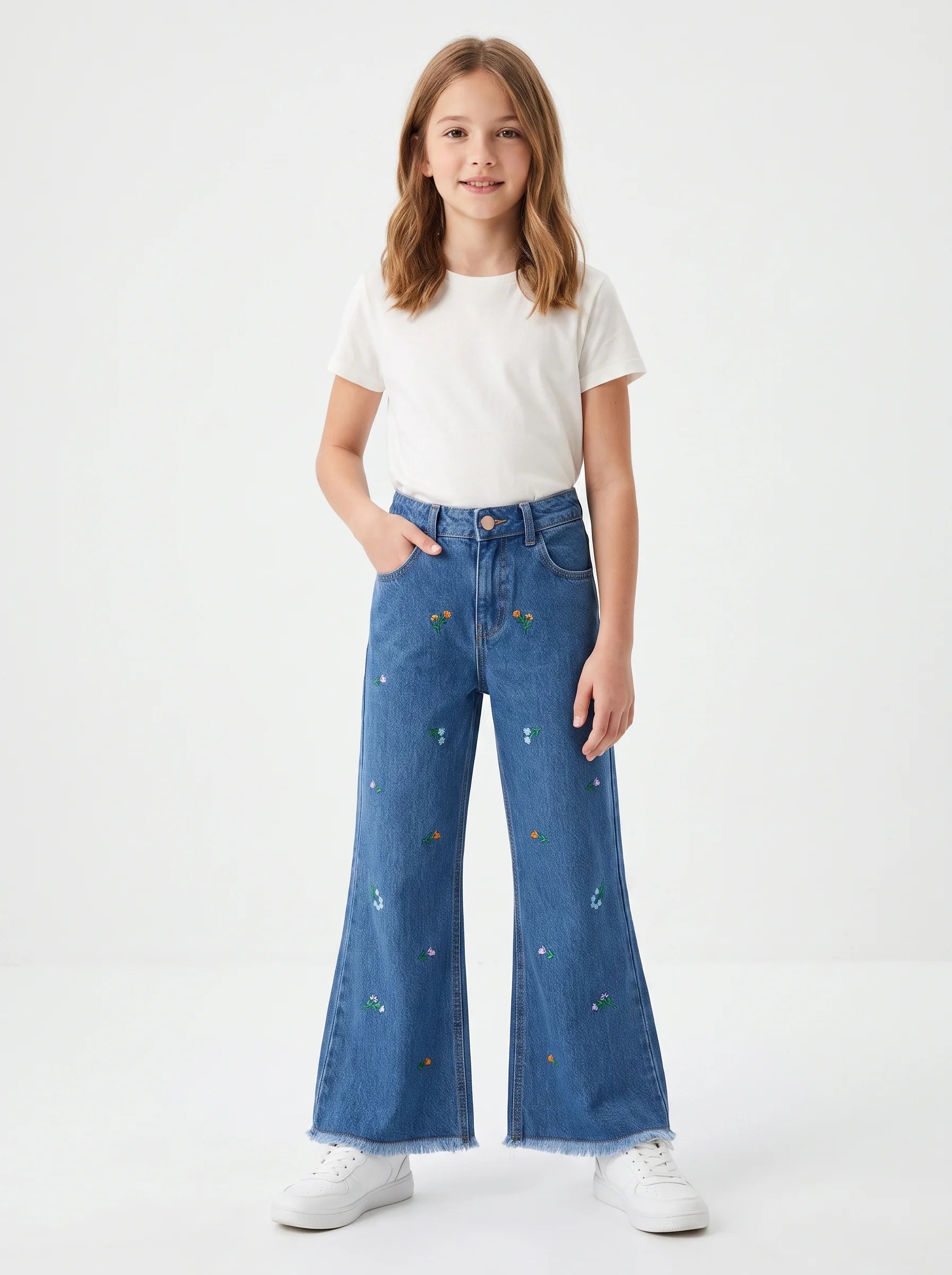 Girl's Floral Bloom Embroidered Flared Denim Jeans (Dark Blue)