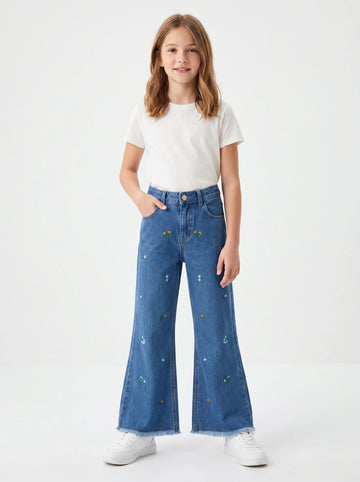 Girl's Floral Bloom Embroidered Flared Denim Jeans (Dark Blue)