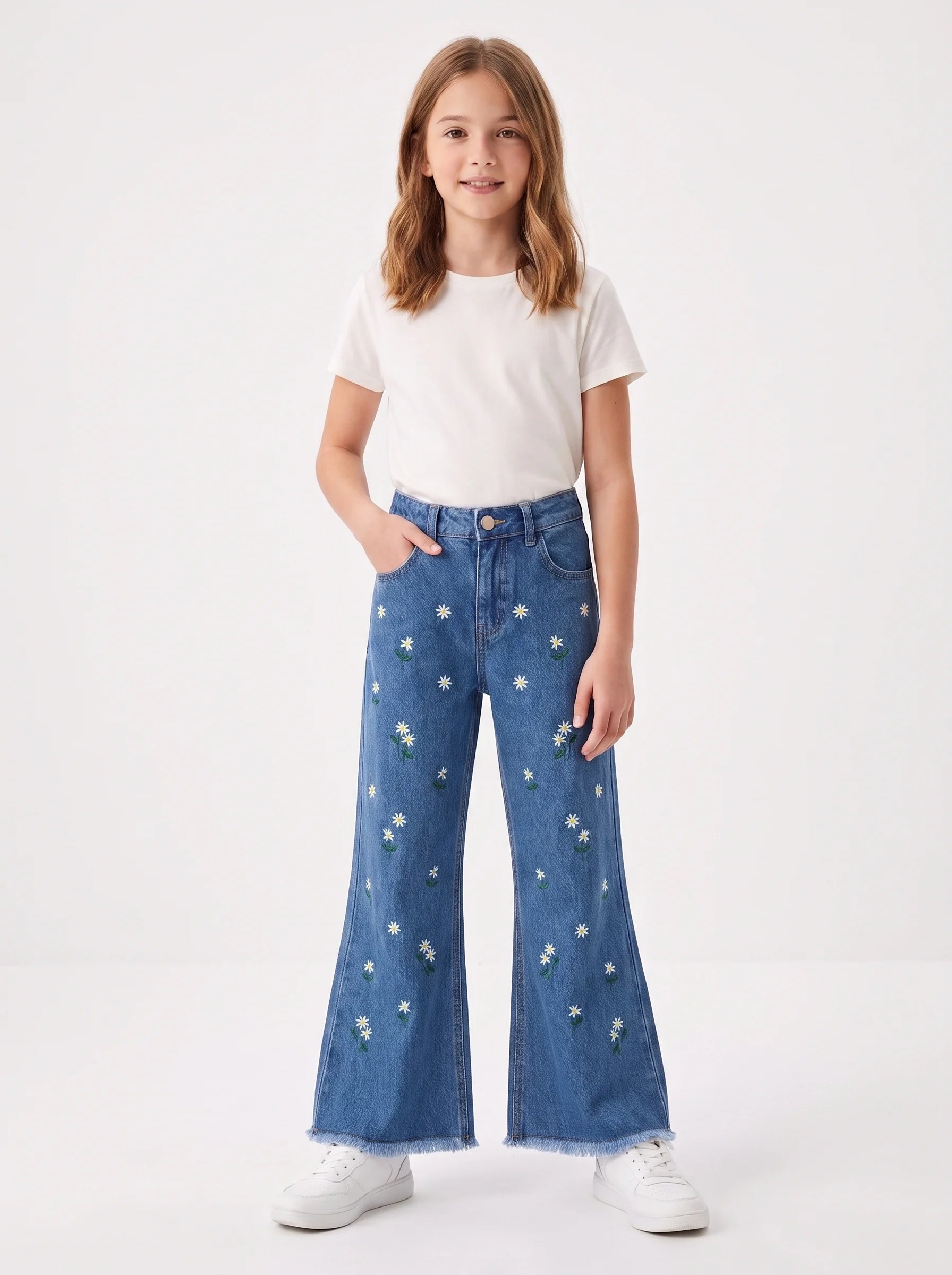 Girls Daisy Bloom Embroidered Flared Denim Jeans(Dark Blue)
