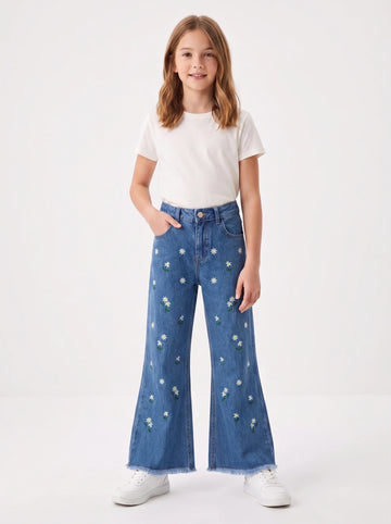 Girls Daisy Bloom Embroidered Flared Denim Jeans(Dark Blue)