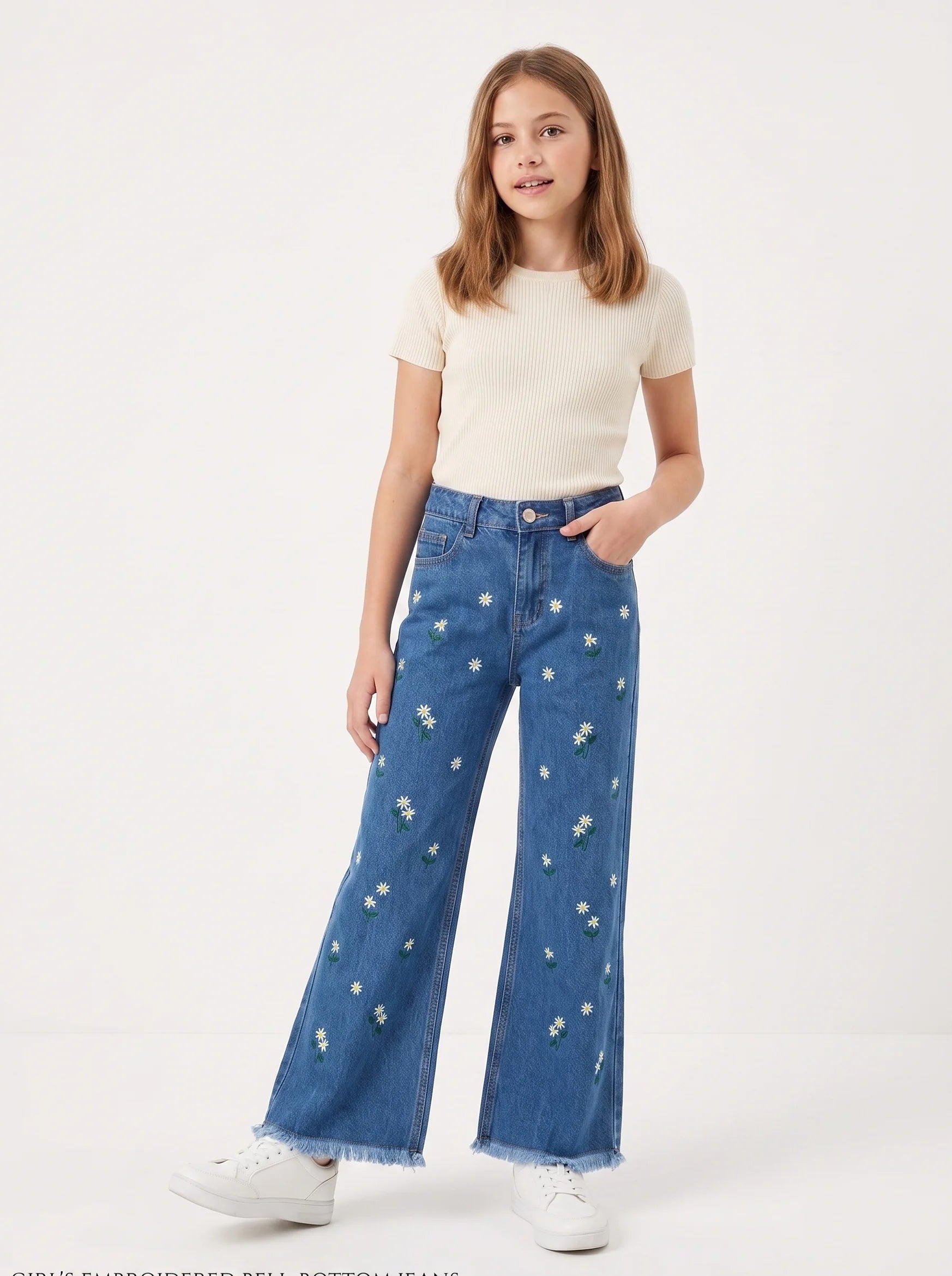 Girls Daisy Bloom Embroidered Flared Denim Jeans(Dark Blue)