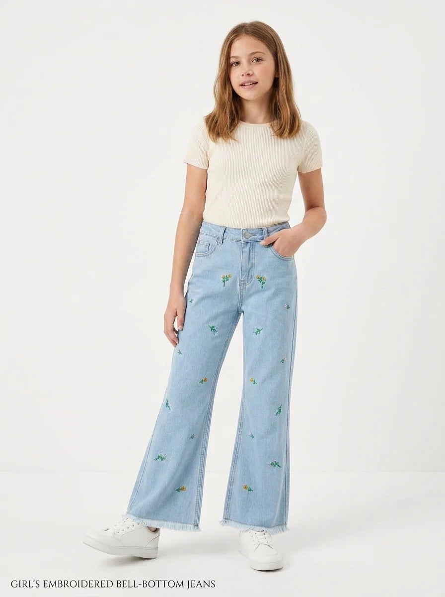 Girl's Floral Bloom Embroidered Flared Denim Jeans (Ice Blue)