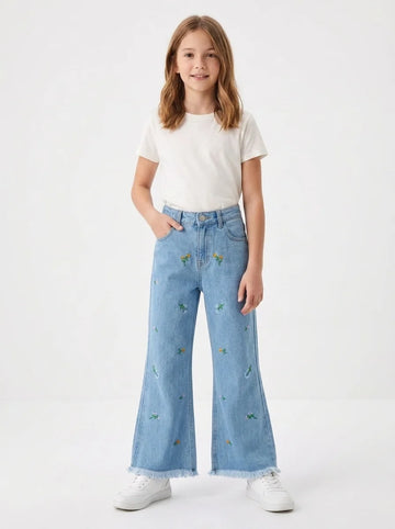 Girl's Floral Bloom Embroidered Flared Denim Jeans (Ice Blue)