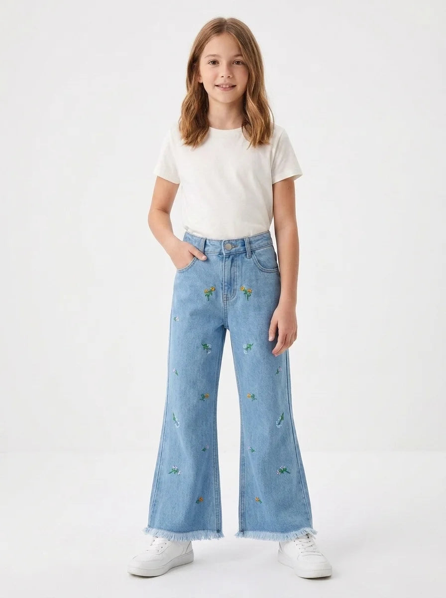 Girl's Floral Bloom Embroidered Flared Denim Jeans (Ice Blue)