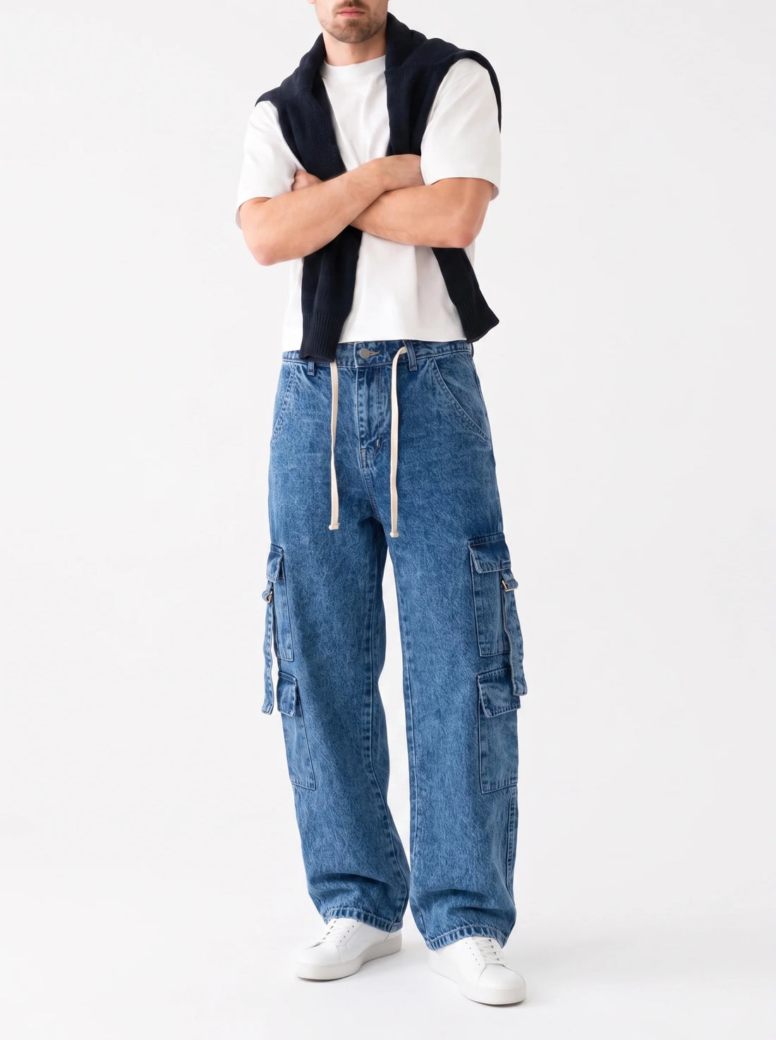 8 Pocket Light Acid Wash Denim Jeans With Buckle Belt Thigh Pockets