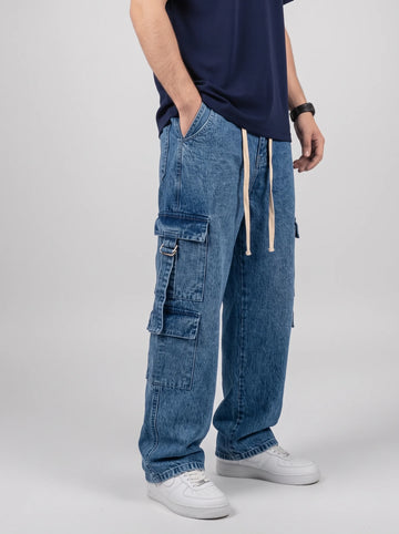 8 Pocket Light Acid Wash Denim Jeans With Buckle Belt Thigh Pockets