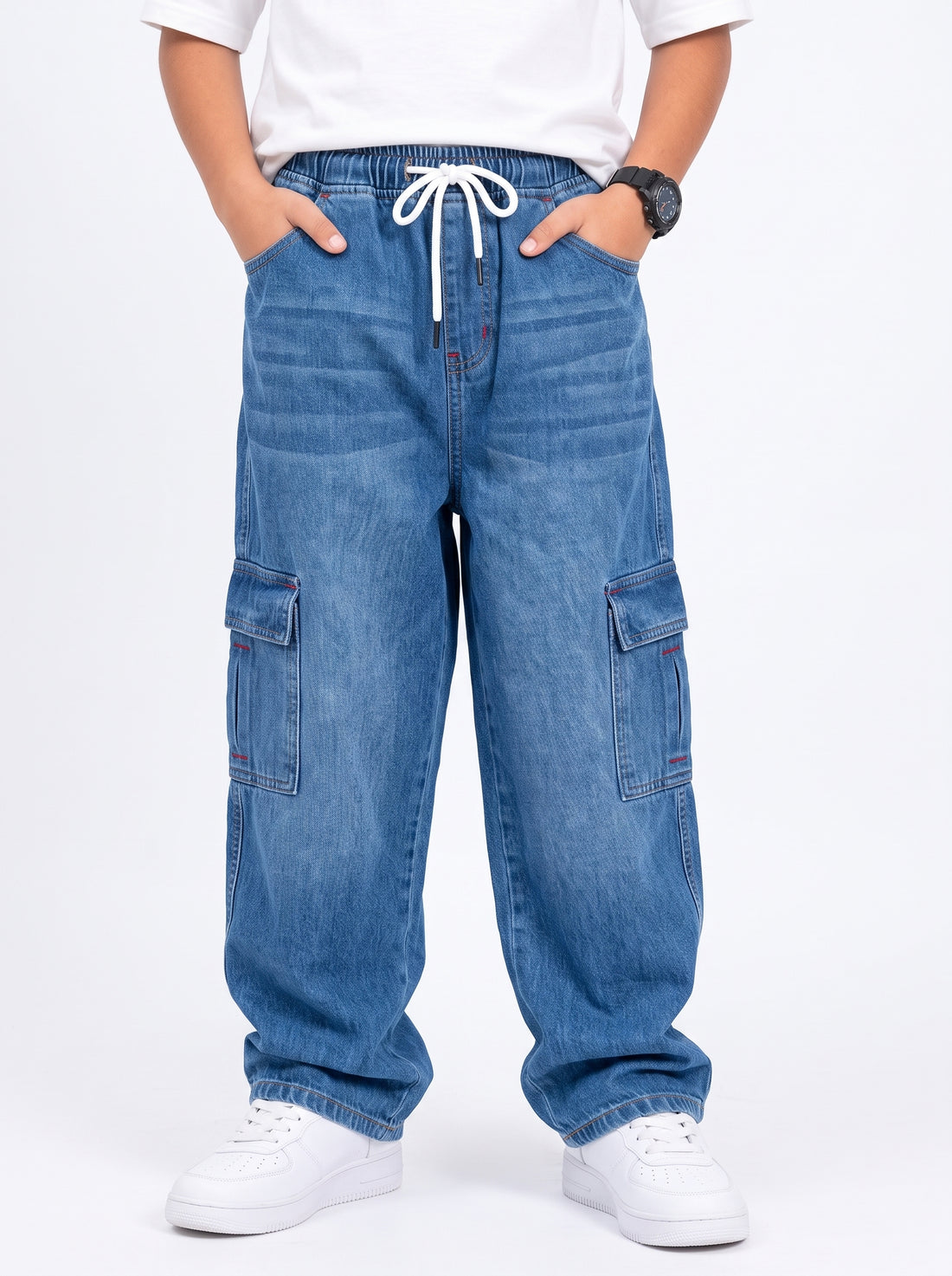 Mid Blue Kids 6 Pocket Denim Cargo Baggy Trouser