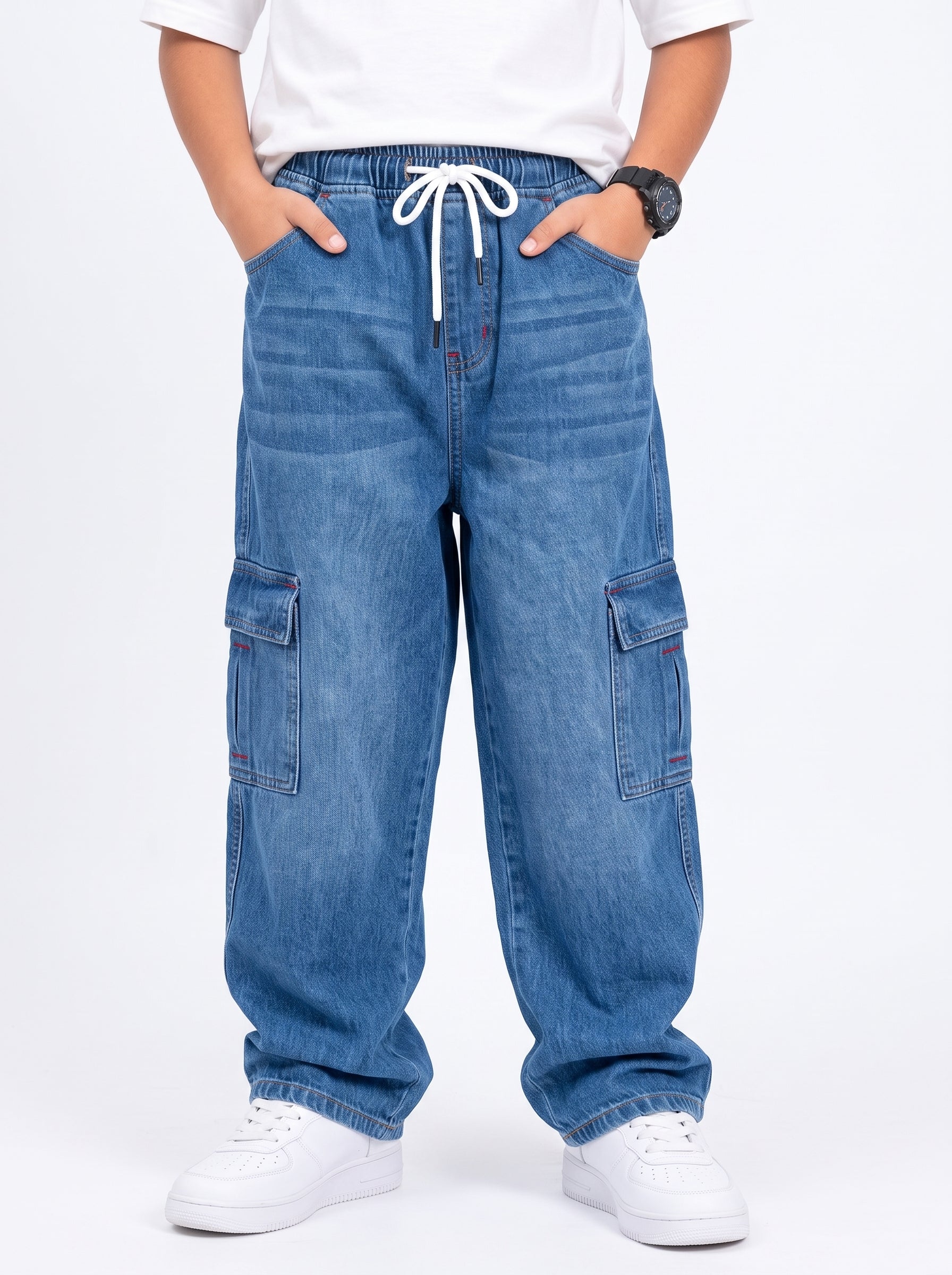Mid Blue Kids 6 Pocket Denim Cargo Baggy Trouser