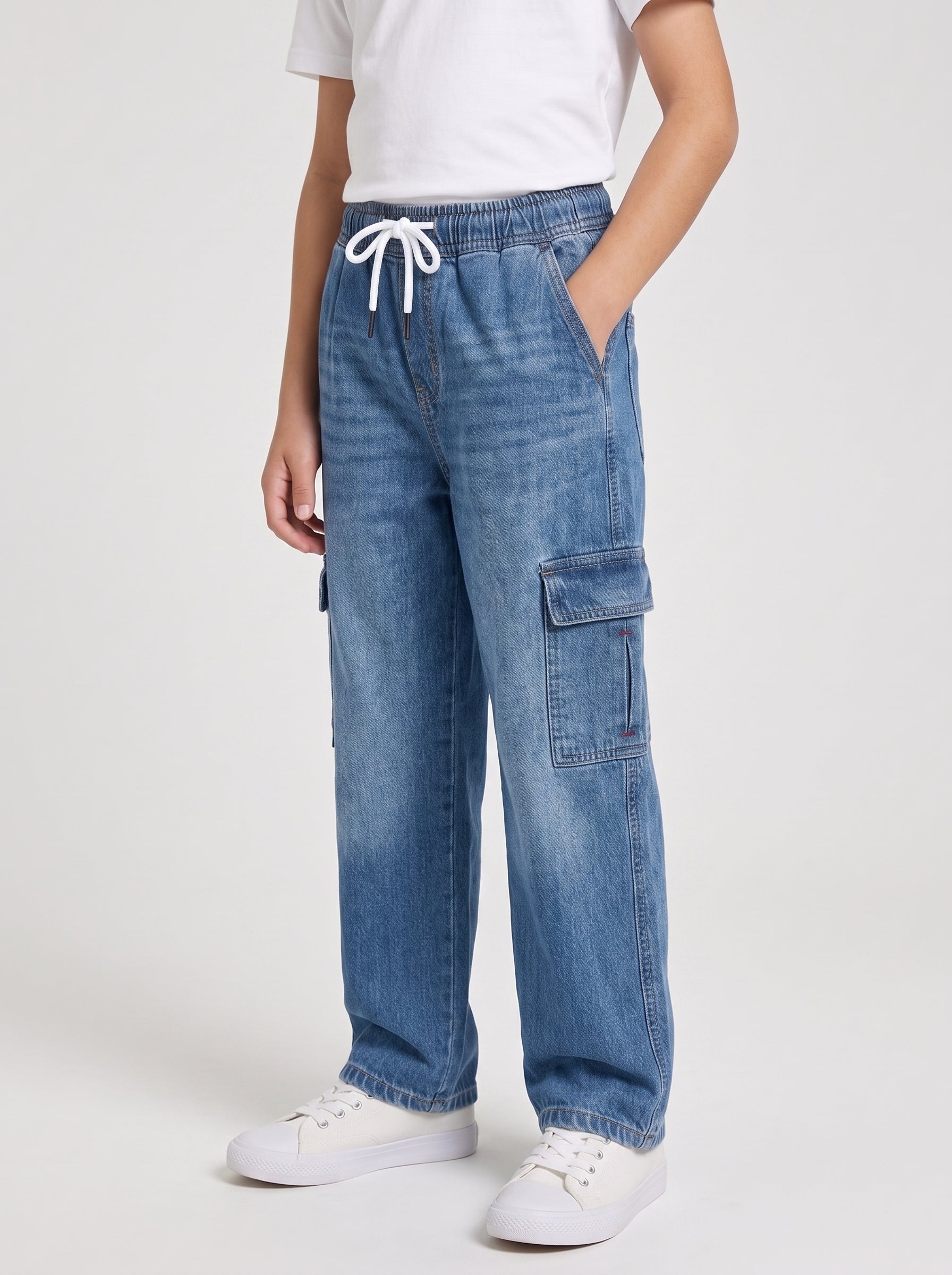 Mid Blue Kids 6 Pocket Denim Cargo Baggy Trouser