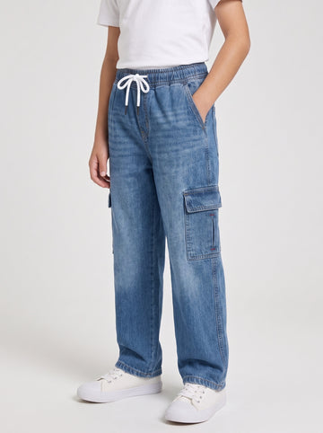 Mid Blue Kids 6 Pocket Denim Cargo Baggy Trouser