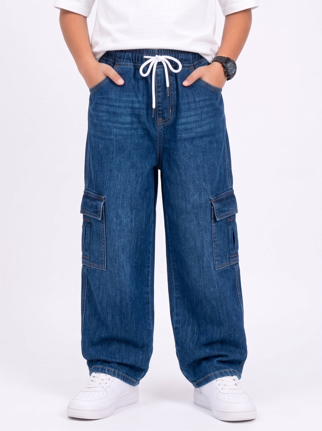 Dark Blue Kids 6 Pocket Denim Cargo Baggy Trouser