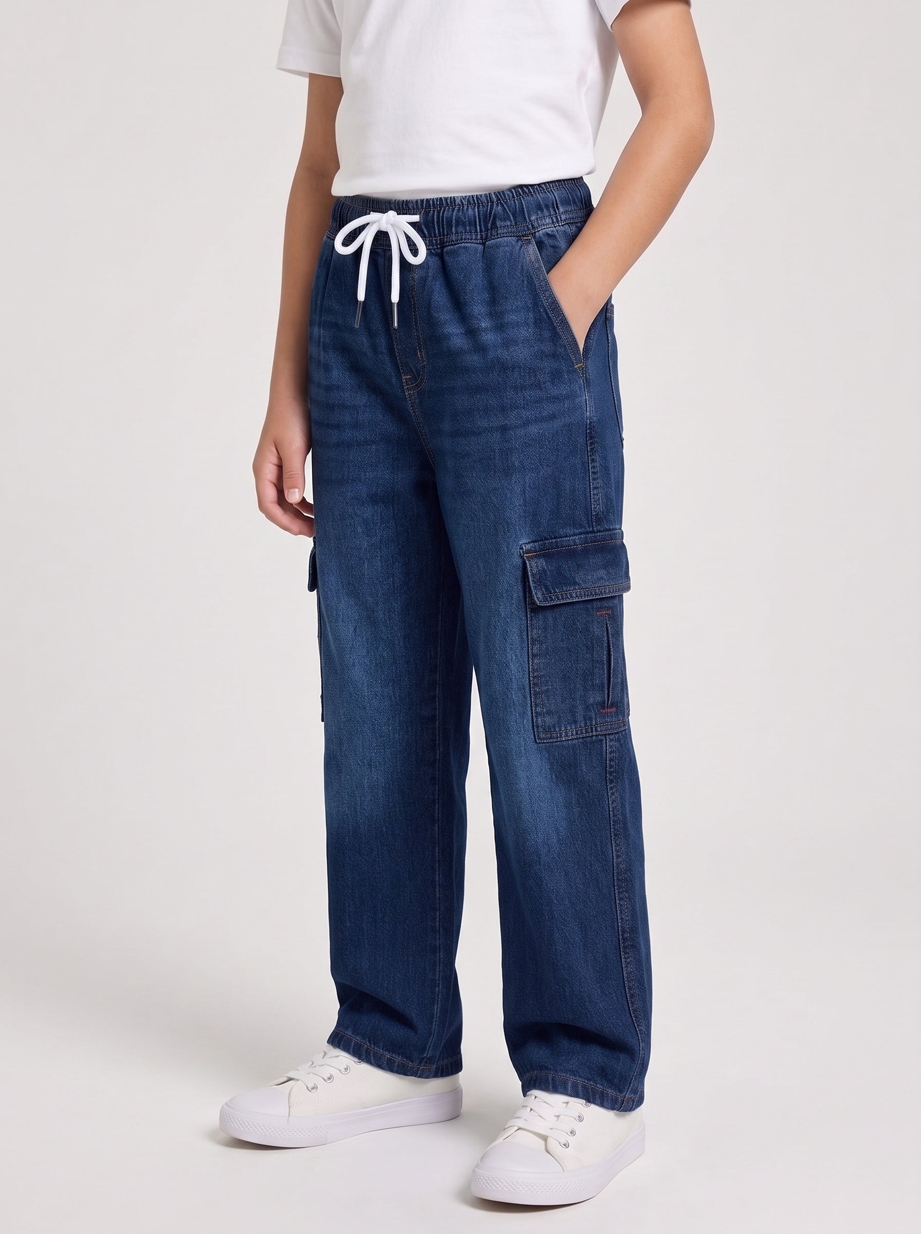 Dark Blue Kids 6 Pocket Denim Cargo Baggy Trouser