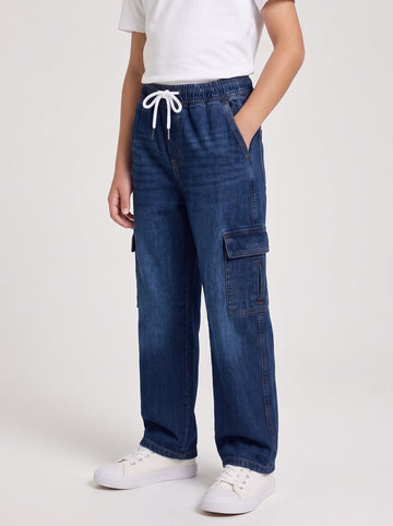 Dark Blue Kids 6 Pocket Denim Cargo Baggy Trouser