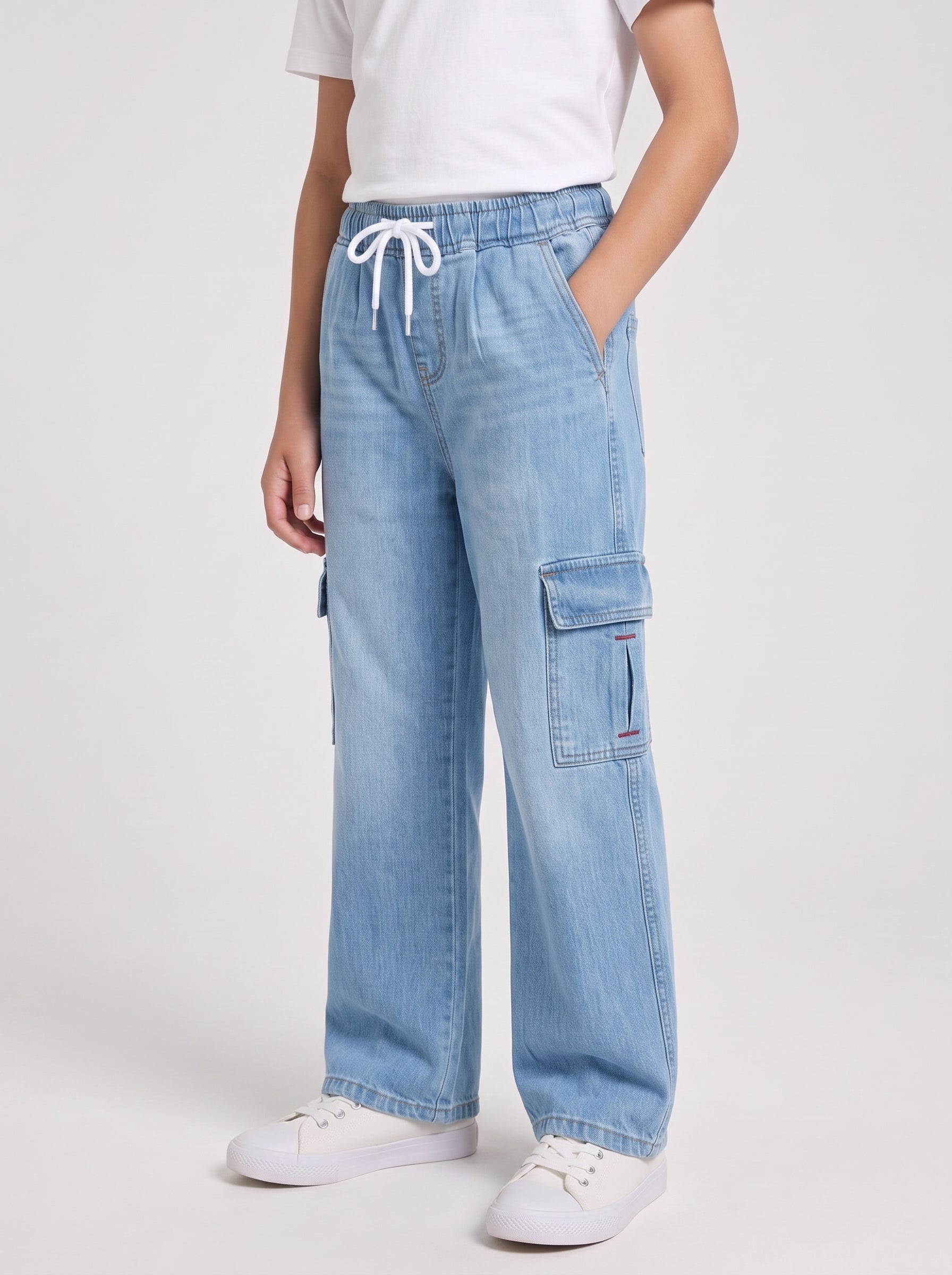 Ice Blue Kids 6 Pocket Denim Cargo Baggy Trouser