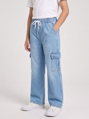 Ice Blue Kids 6 Pocket Denim Cargo Baggy Trouser
