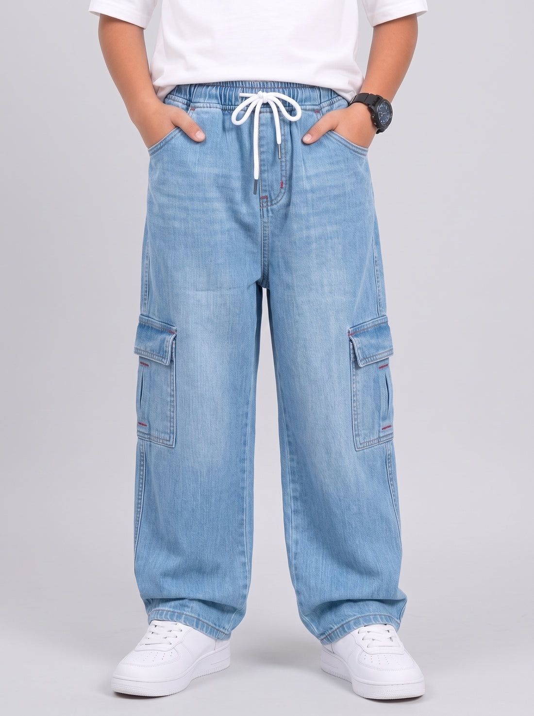 Ice Blue Kids 6 Pocket Denim Cargo Baggy Trouser