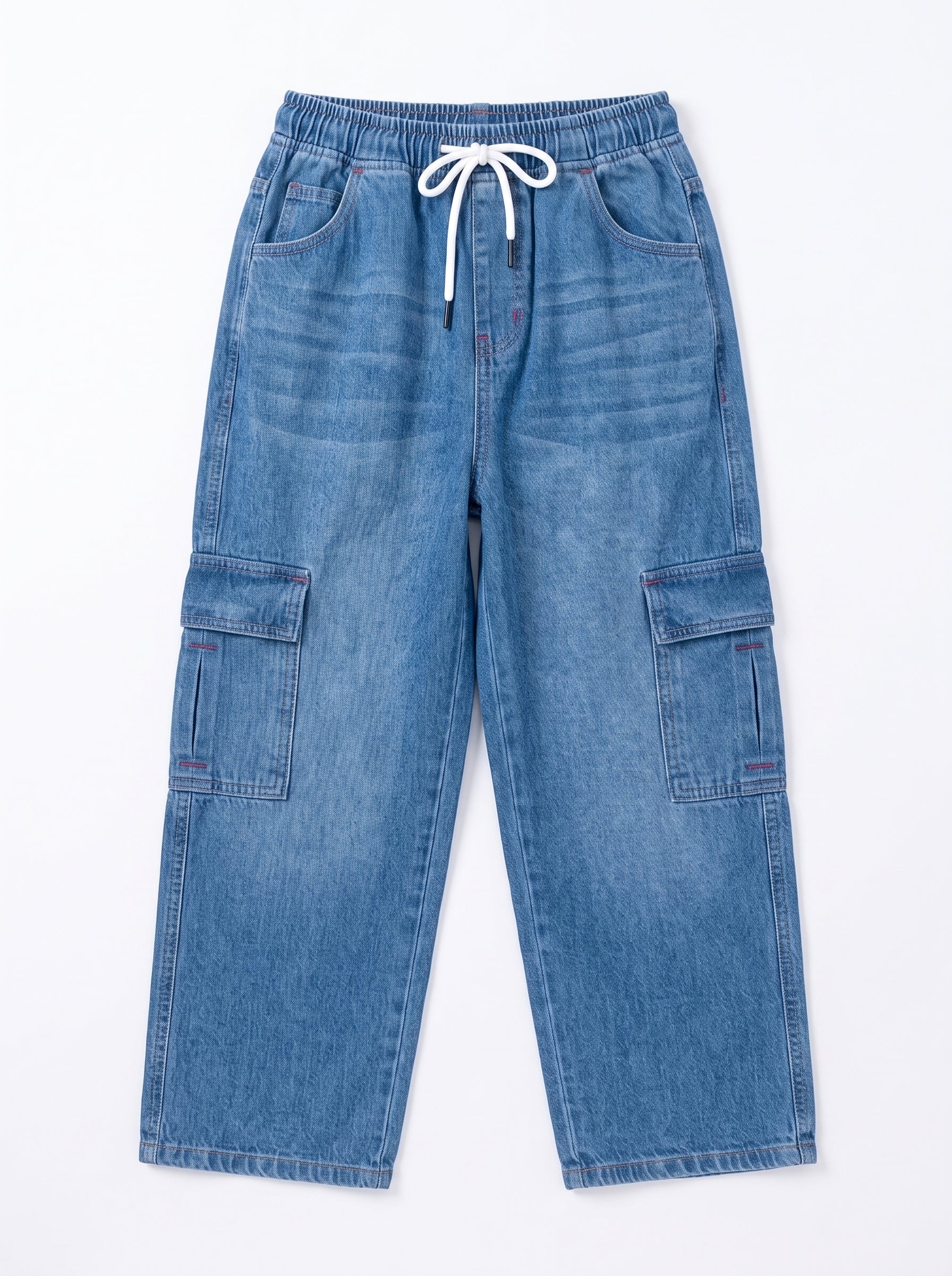 Mid Blue Kids 6 Pocket Denim Cargo Baggy Trouser