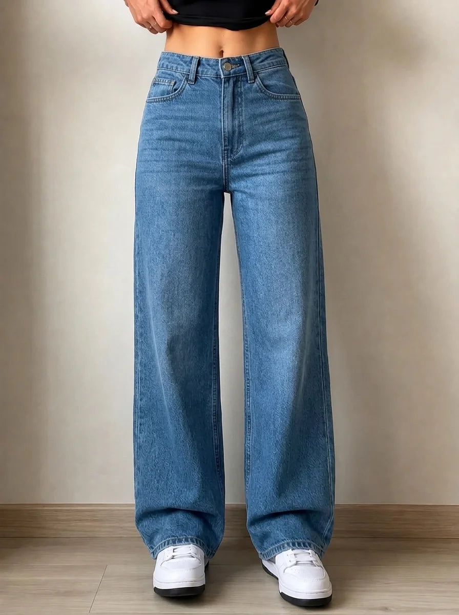Women Wide Leg Mid Wash Jeans