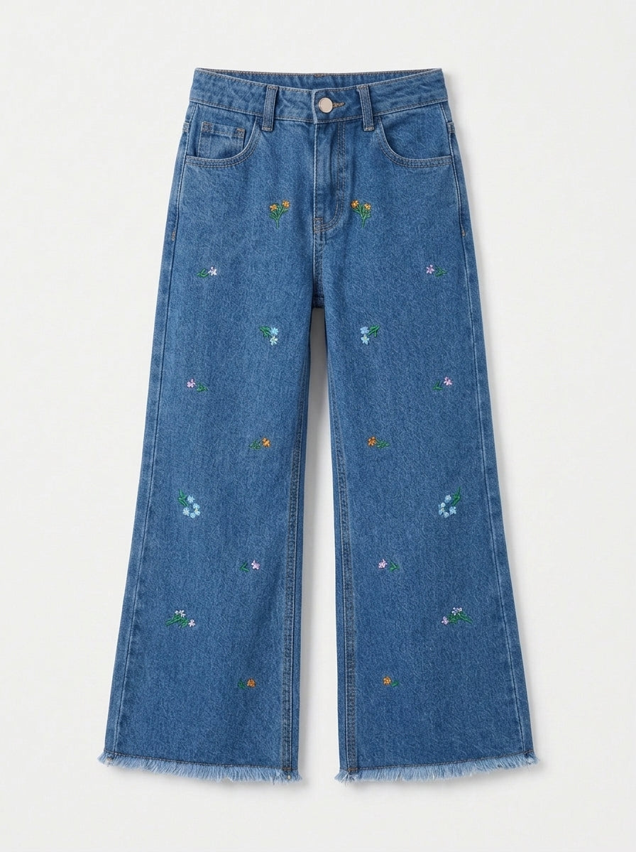 Girl's Floral Bloom Embroidered Flared Denim Jeans (Dark Blue)