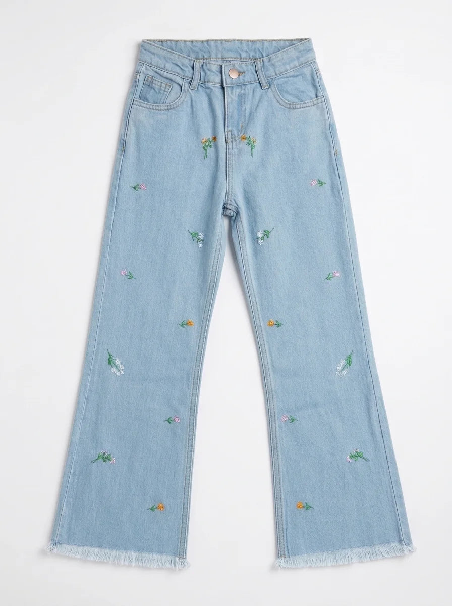 Girl's Floral Bloom Embroidered Flared Denim Jeans (Ice Blue)