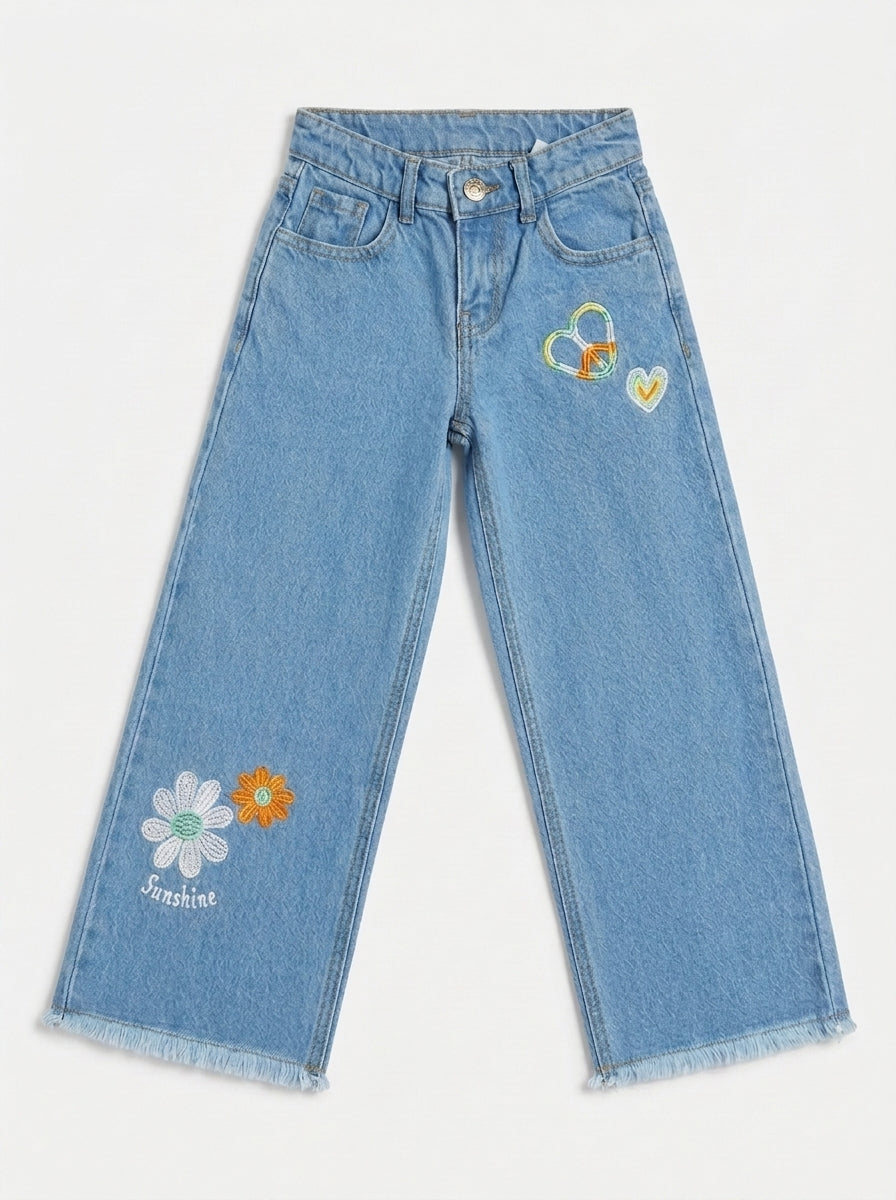 Girls Sunshine Embroidered Wide-Leg Denim Jeans(LIGHT BLUE)