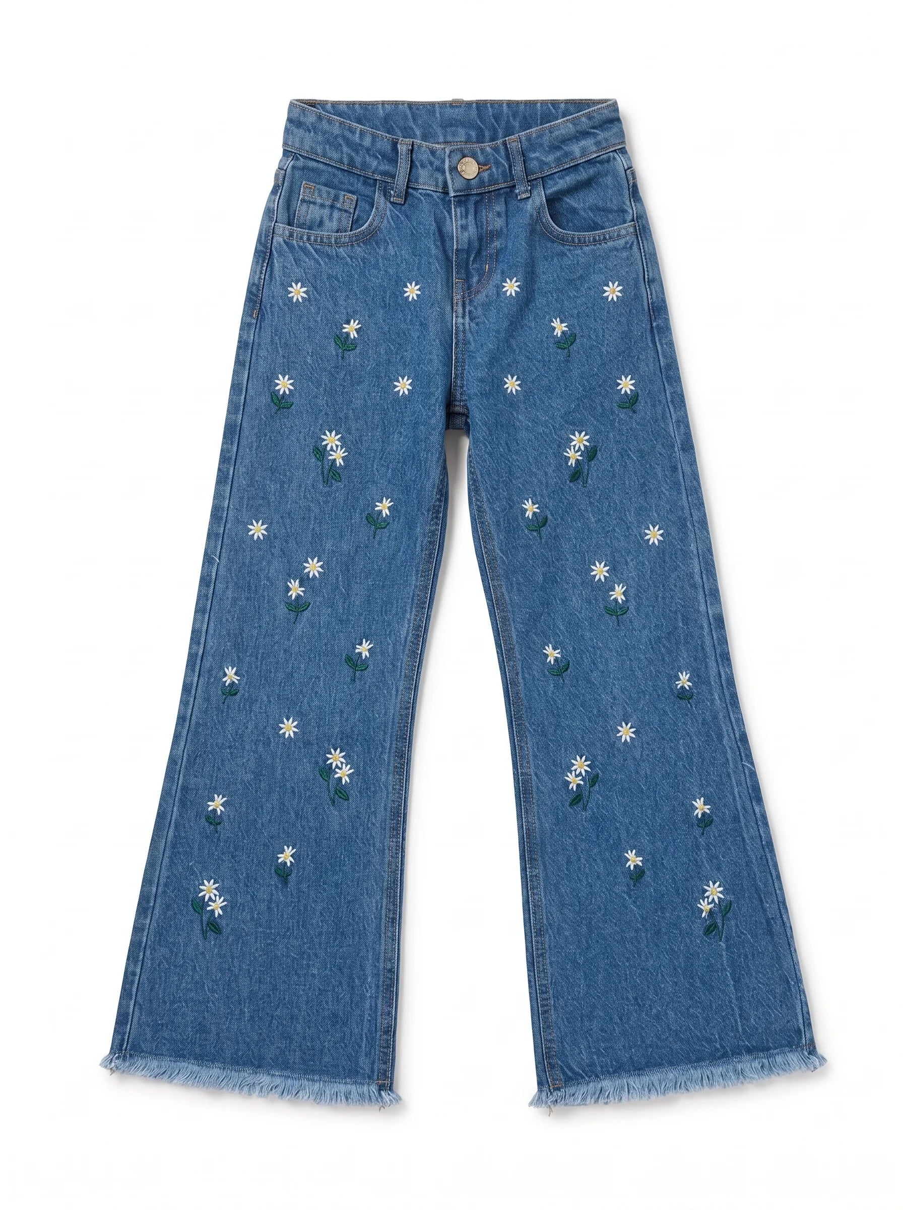 Girls Daisy Bloom Embroidered Flared Denim Jeans(Dark Blue)