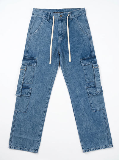 8 Pocket Light Acid Wash Denim Jeans With Buckle Belt Thigh Pockets